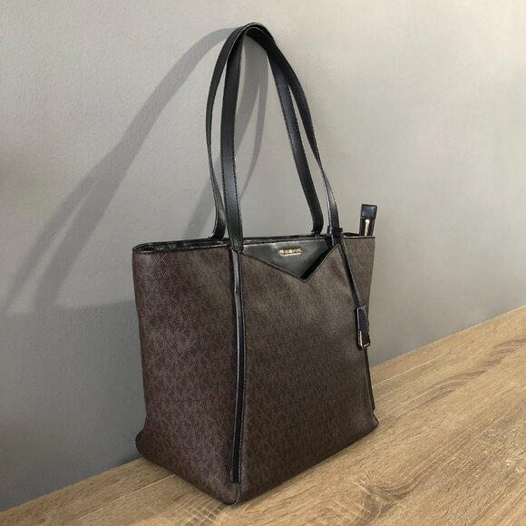 Michael Kors Whitney Large Brown/Black Leather Top Zip Shoulder Tote Bag - Picture 6 of 11